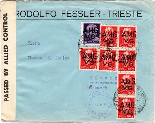 Italien 1946, 8 Werte AMG VG auf Zensur Brief v. Trieste n. Dänemark