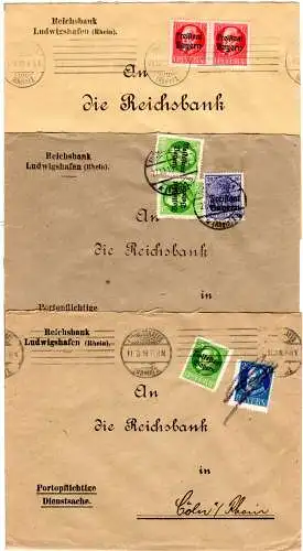 Bayern 1919, 3 Reichsbank Briefe v. Ludwigshafen m. versch. Frankaturen