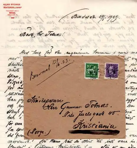 Schweden 1925, 10+15 öre auf Theater Brief v. Billdal an Schauspieler G.Tolnaes