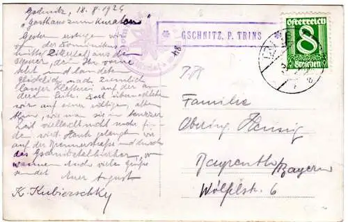 Österreich 1929, Posthilfstellen-R1 GSCHNITZ, P. TRINS auf Karte m. 8 Gr.