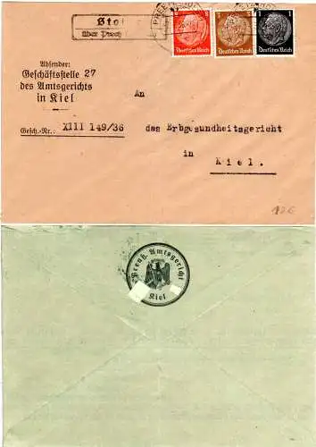 DR 1936, Landpost Stpl. STOLPE über Preetz auf Rückumschlag m. 1+3+8 Pf. 