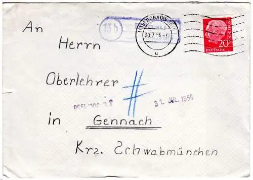 BRD 1956, Landpost Stpl. 13b ELLGAU über Donauwörth auf Brief m. 20 Pf.
