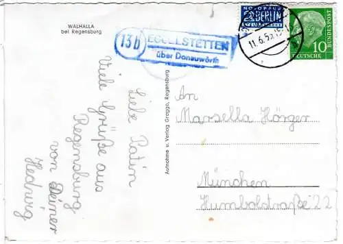 BRD 1955, Landpost Stpl. 13b EGGELSTETTEN über Donauwörth auf Karte m. 10 Pf.