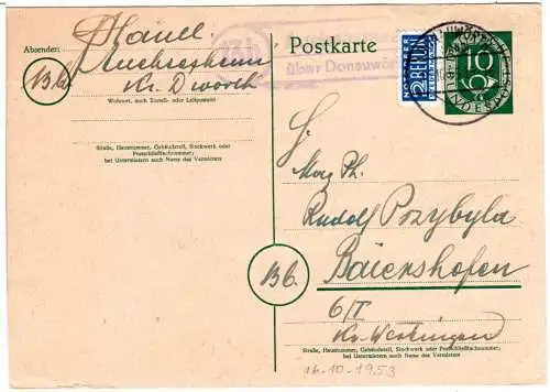 BRD 1953, Landpost Stpl. 13b AUCHSESHEIM über Donauwörth auf 10 Pf. Ganzsache