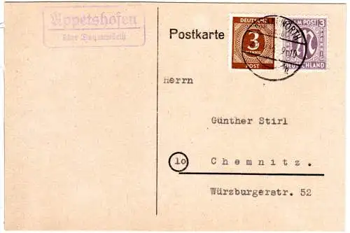 1946, Landpost Stpl. APPETSHOFEN über Donauwörth auf Karte m. 2x3 Pf.