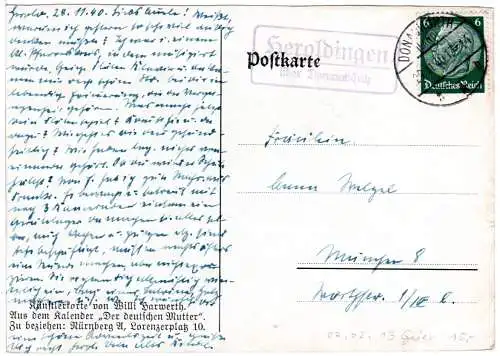 DR 1940, Landpost Stpl. HEROLDINGEN über Donauwörth auf Karte m. 6 Pf.