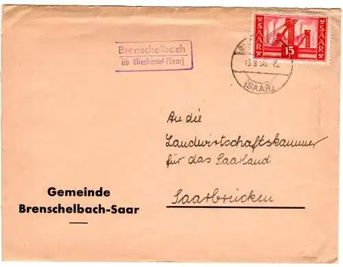 Saar 1956, Landpost Stpl. BRENSCHELBACH über Blieskastel auf Brief m. 15 F.