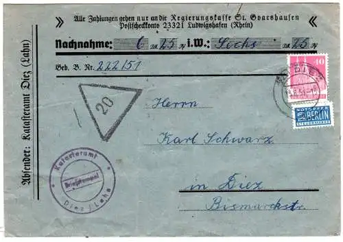 BRD 1951, EF 40 Pf. Bauten auf Nachnahme Orts-Brief des Katasteramt Diez