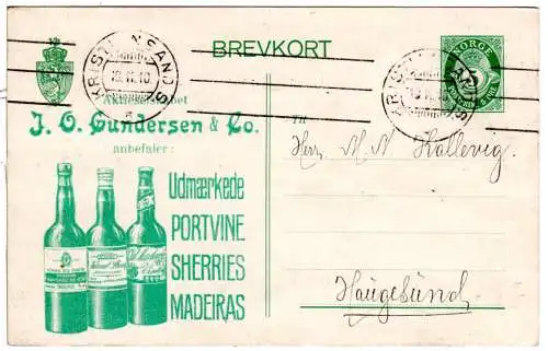Norwegen 1910, 5 öre Ganzsache v. Christiansand m. Portwein u. Sherry Werbung 