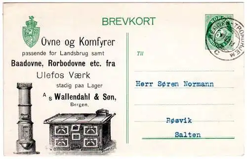 Norwegen 1911, gebr. 5 öre Ganzsache v. Bergen m. illustriertem Ofen Zudruck