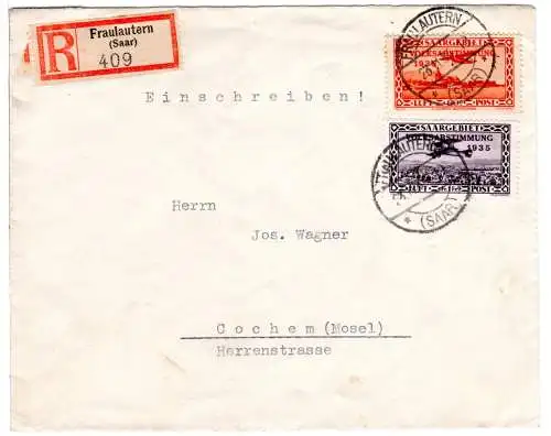 Saargebiet 1934, 1 Fr.+60 C. Volksabstimmung auf Reko Brief v. Fraulautern