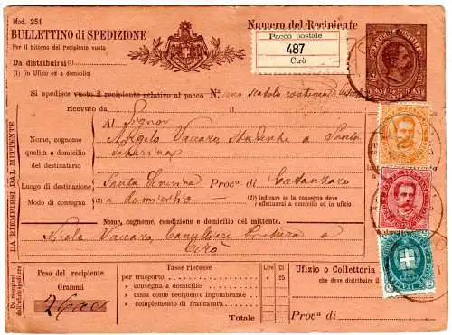 Italien 1891, 5+10+20 C. Zusatzfr. auf 25 C. Paketkarte v. Cirò n. Sta. Severina