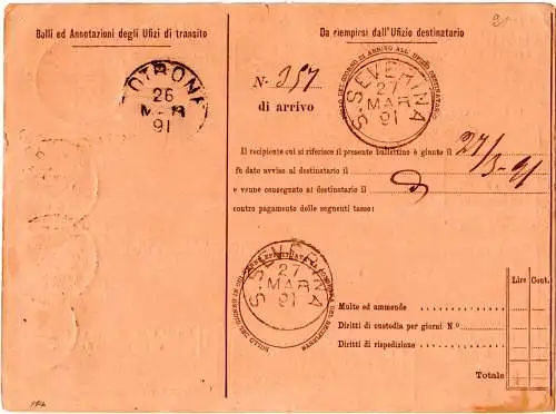 Italien 1891, 5+10+20 C. Zusatzfr. auf 25 C. Paketkarte v. Cirò n. Sta. Severina