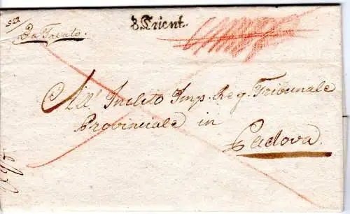 Österreich 1828, L1 V. Trient klar auf Einschreiben Brief m Rötelgitter n. Padua