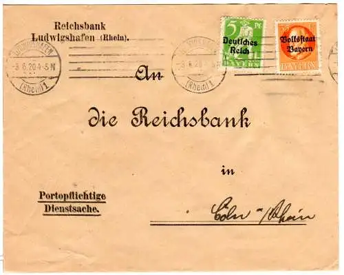 Bayern 1920, MiF 35 Pf. Volksstaat+5 Pf. DR auf Reichsbank Brief v. Ludwigshafen