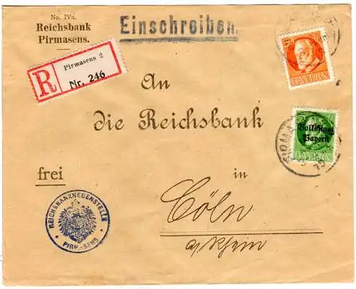 Bayern 1919, 5+30 Pf. auf Reichsbank Einschreiben Brief v. Pirmasens n. Köln.