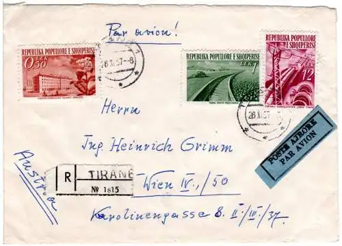 Albanien 1957, 3 Marken auf Luftpost Einschreiben Brief v. Tirana n. Österreich