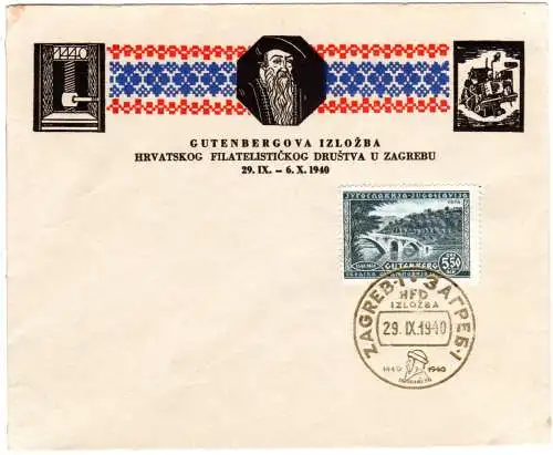 Jugoslawien 428, 5,50 D. Gutenberg auf illustriertem FDC m. Goldstempel