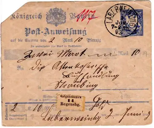Bayern 1893, 20 Pf. Postanweisung Ganzsache v. K1 Laberweinting n. Straubing