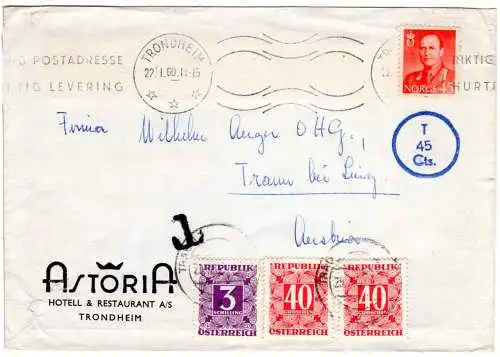 Norwegen 1960, 45 öre auf Brief m. T45Cts. u. Österreich 3 S.+2x40 G.Portomarken