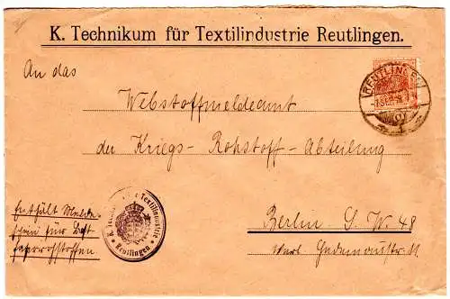 Württemberg 1918, EF 25 Pf. Dienst auf Brief a.d. Kriegs-Rohstoff-Abt. Berlin
