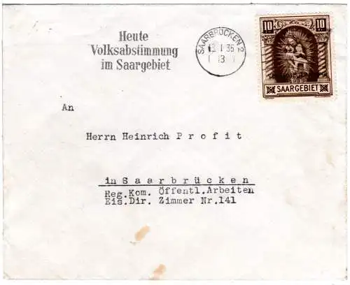 Saargebiet 1935, 10 Fr. auf Brief m. Volksabstimmung Maschinen-Werbestempel