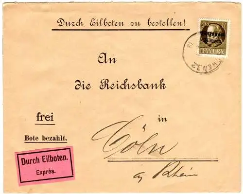 Bayern 1919, EF 40 Pf. Volksstaat auf Reichsbank Eilboten Brief v. München 32
