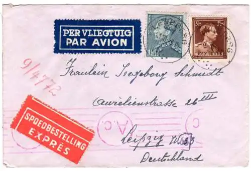 Belgien 1943, 3,25+1,75 F auf Luftpost Express Zensur Brief v. Leberg n. Leipzig