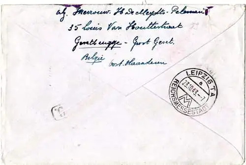 Belgien 1943, 3,25+1,75 F auf Luftpost Express Zensur Brief v. Leberg n. Leipzig