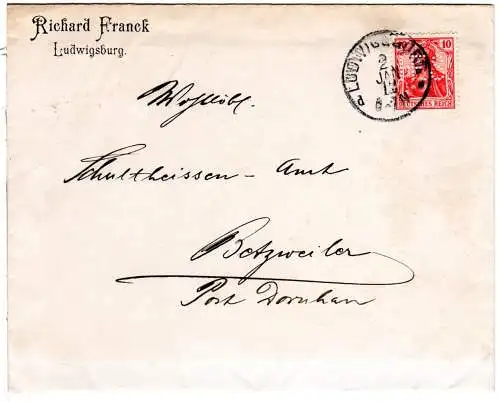 DR 1912, 10 Pf. Germania m. perfin auf Brief v. Ludwigsburg