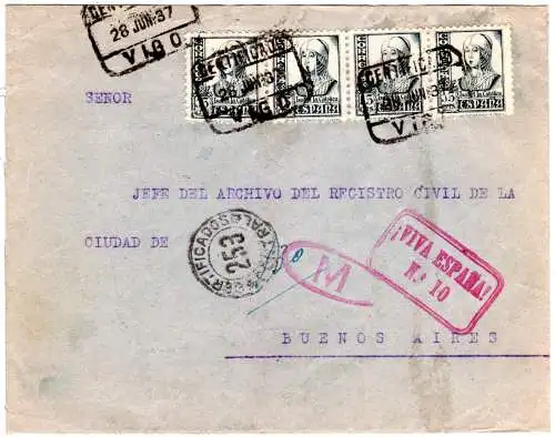 Spanien 1937, MeF 4x15 C. auf Einschreiben Brief v. Vigo n. Argentinien