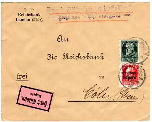 Bayern 1919, 10+60 Pf. auf Reichsbank Eilboten Brief v. Landau Pfalz 2 n. Köln.