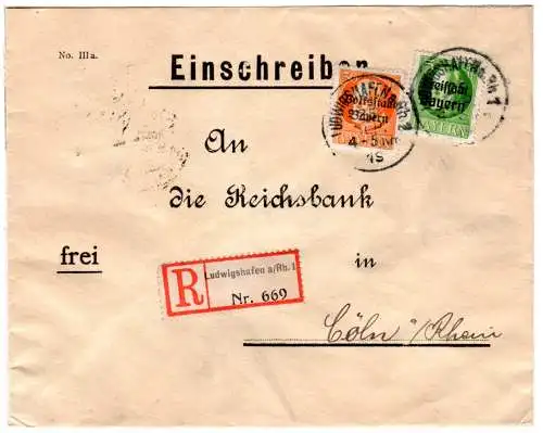 Bayern 1919, 5+30 Pf. auf Reichsbank Einschreiben Brief v. Ludwigshafen n. Köln.