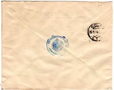 Bayern 1919, 5+30 Pf. auf Reichsbank Einschreiben Brief v. Ludwigshafen n. Köln.