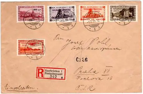 Saargebiet 1935, 5 Werte Volksabstimmung auf Einschreiben Brief v. Saarbrücken