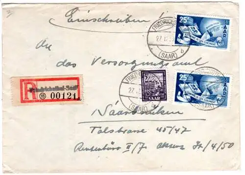 Saar 1950, 5+2x25 F. Europarat auf Einschreiben Brief v. Friedrichsthal