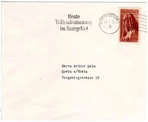 Saargebiet 1935, 5 Fr. auf Brief m. Volksabstimmung Maschinen-Werbestempel