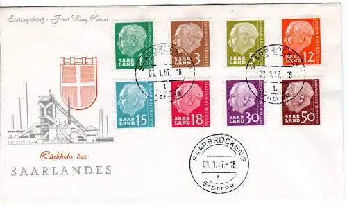 Saarland, 1-50 Pf., 8 versch. Heusswerte auf sauberem FDC v. Saarbrücken
