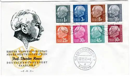 Saarland, 1-50 F., 8 versch. Heusswerte auf sauberem FDC v. Saarbrücken