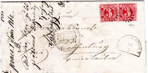 Bayern 1865, breitrandiges Paar 3 Kr. auf Brief m. MR 572 Weissenhorn.