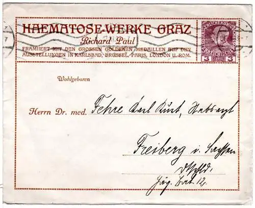 Österreich 1913, gebr. 3 H. Haematose-Werke Graz Privatganzsachenumschlag
