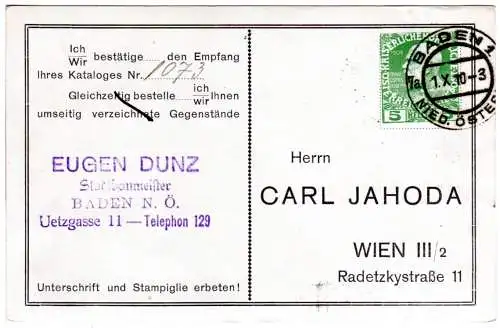 Österreich 1910, 5 H. Carl Jahoda Privatganzsache v. Baden zurück n. Wien