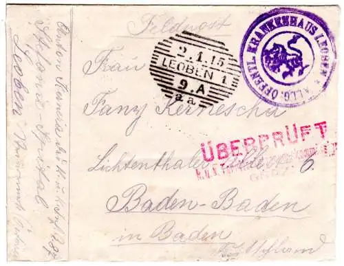 Österreich 1915, FP Zensur Brief  m. Schraffenstpl. v. Krankenhaus Leoben