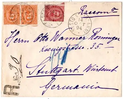 Italien 1894, 10+2x20 C. auf Reko Brief v. Sesto S. Giovanni n. Württemberg