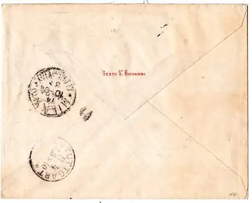 Italien 1894, 10+2x20 C. auf Reko Brief v. Sesto S. Giovanni n. Württemberg