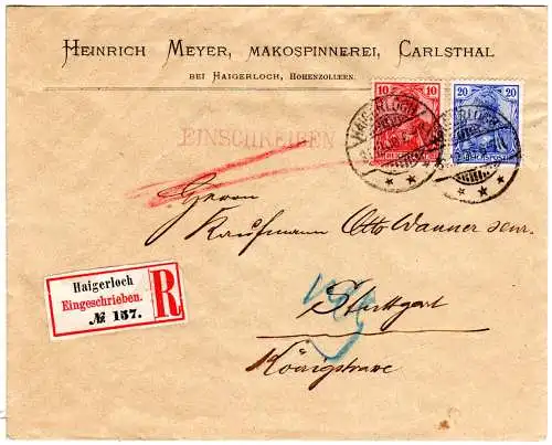 DR 1900, 10+20 Pf. Germania Reichspost auf Einschreiben Brief v. Haigerloch