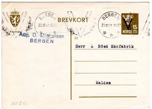 Norwegen 1941, m. V-Stpl. Bergen gebr. 15 öre Ganzsache m. V-Überdruck