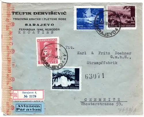 Kroatien 1944, 4 Marken auf Luftpost Einschreiben Zensur Brief v. Sarajevo