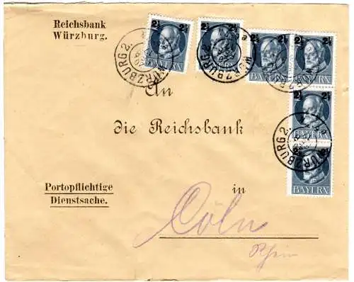 Bayern 1917, MeF 6x2 1/2 Pf. auf Reichsbank Brief v. Würzburg  n. Köln.