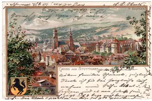 Gruss aus Stuttgart, schöne 1900 gebr. Künstler-AK